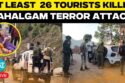 “A quiet stretch of road in Pahalgam with police presence and floral tributes placed by locals in memory of the recent tourist attack victims.”