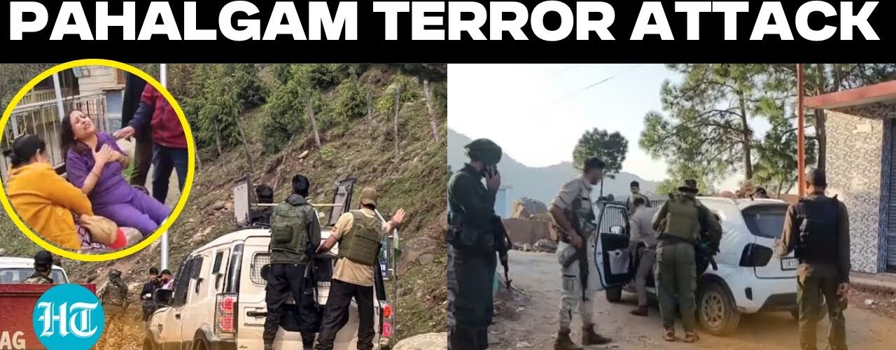 “A quiet stretch of road in Pahalgam with police presence and floral tributes placed by locals in memory of the recent tourist attack victims.”