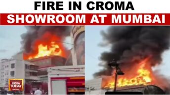 "Firefighters battling a massive blaze at Croma showroom in Bandra's Link Square Mall."