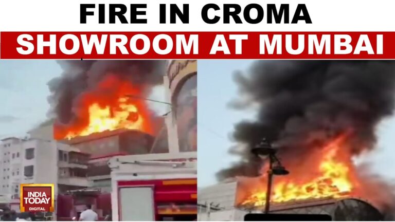 "Firefighters battling a massive blaze at Croma showroom in Bandra's Link Square Mall."