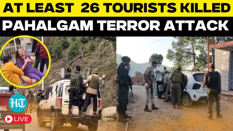 “A quiet stretch of road in Pahalgam with police presence and floral tributes placed by locals in memory of the recent tourist attack victims.”