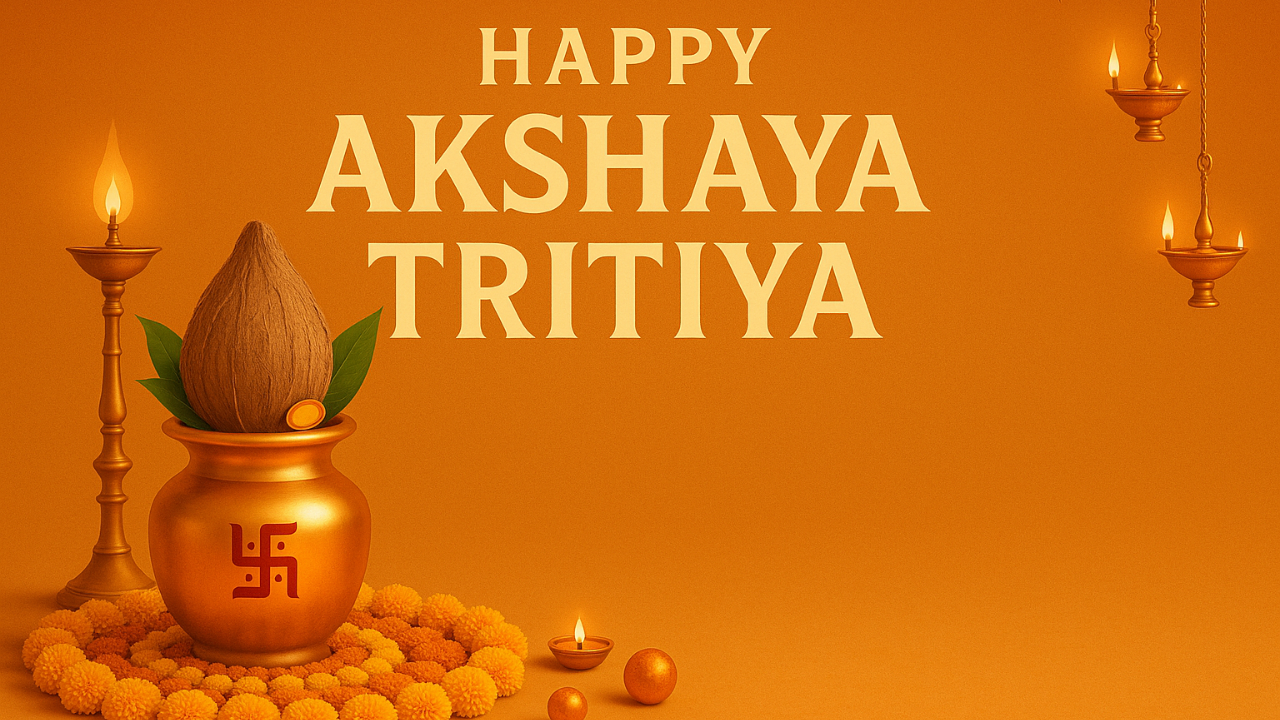 “A woman offering prayers with a diya and gold jewelry, symbolizing the traditions of Akshaya Tritiya 2025, with tulsi plant and festive decorations in the background.”