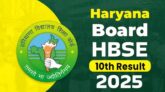 A contented student with books and a report card on the table is using a laptop to check the HBSE 10th Result 2025.