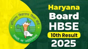 A contented student with books and a report card on the table is using a laptop to check the HBSE 10th Result 2025.