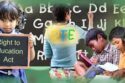 A classroom of diverse children studying together under the RTE Act, with one child raising their hand. Text overlay reads: “RTE 2025 – Free Education is Your Right. Know the Law. Claim the Seat.”