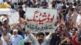“A crowd of people protesting in Lahore under the scorching sun with signs and police presence, during a severe heatwave and power outage.”