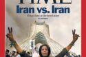 Visual depicting Israel-Iran conflict with military forces, missiles, and protest imagery.