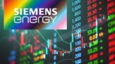 Siemens Energy logo with rising stock chart in background, symbolizing stock growth on NSE.