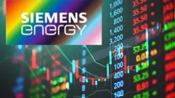 Siemens Energy logo with rising stock chart in background, symbolizing stock growth on NSE.