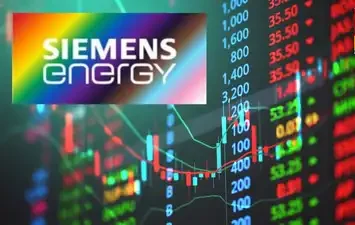 Siemens Energy logo with rising stock chart in background, symbolizing stock growth on NSE.