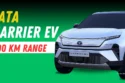 Tata Harrier EV 2025 front view in electric blue color with LED DRLs and illuminated Tata logo on highway background.