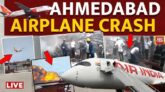 Wreckage of Air India Boeing 787 crash site near Ahmedabad airport, emergency rescue teams at scene