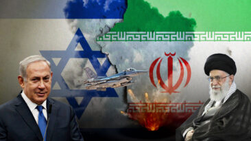 A dramatic photo depicting smoke trails from rocket attacks and Israeli air defenses in action during the Iran-Israel conflict over the past 24 hours. The scene highlights the escalation of aggression and growing tensions in the Middle East.