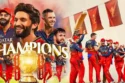 "RCB players on an open-top bus holding the IPL 2025 trophy as thousands of fans in red jerseys cheer along the Bengaluru streets during the victory parade.