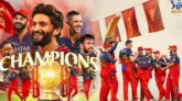 "RCB players on an open-top bus holding the IPL 2025 trophy as thousands of fans in red jerseys cheer along the Bengaluru streets during the victory parade.