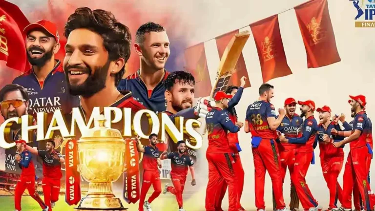 "RCB players on an open-top bus holding the IPL 2025 trophy as thousands of fans in red jerseys cheer along the Bengaluru streets during the victory parade.